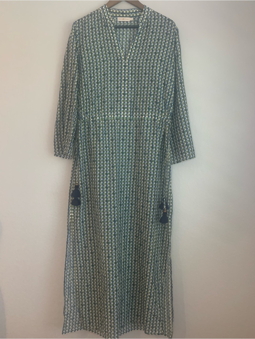 Tory Burch Basket Weave Geo Logo Cotton Caftan Maxi Dress Size M - Picture 3 of 7